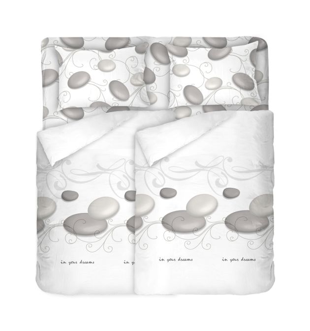 Спално Бельо в Бяло с Илюстрация на Камъни ДЗЕН, Размер за Спалня с Два Плика, Спално Бельо от Качествена Памучна Материя Ранфорс