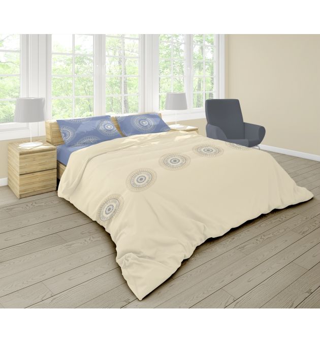 Двоен размер спално бельо в екрю и синьо - КАЗА, С два спални плика, Семпъл дизайн в приятни цветове, 100% памук Ранфорс