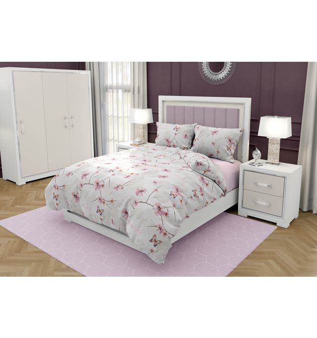 Красиво и Качествено Спално Бельо на пеперуди и цветя МАРИ 2, Двоен размер за спалня с два плика, Качество Ранфорс
