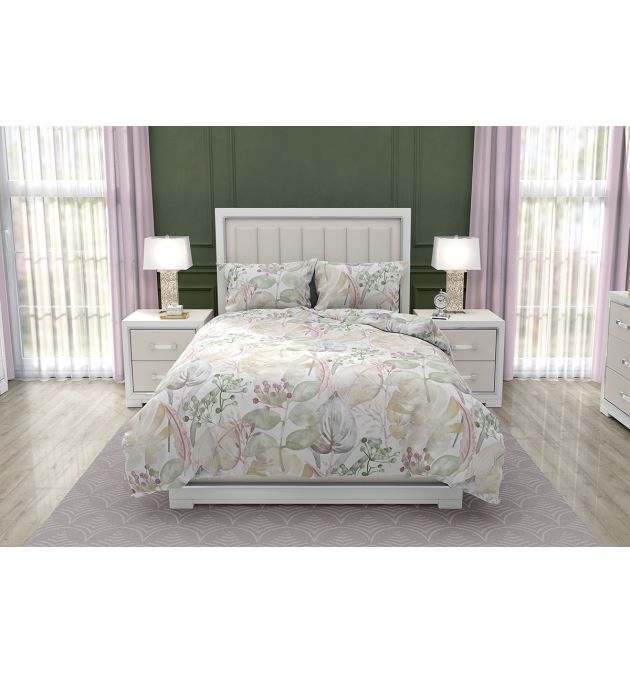 Качествено спално Бельо от Ранфорс Роузмари, В Двоен Размер с Два Плика, Флорални Мотиви в Пастелни Цветове