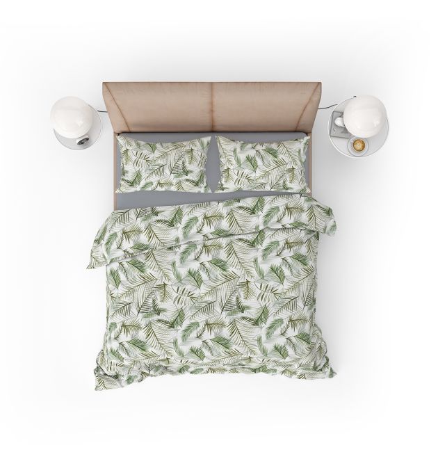 Модерно Спално Бельо в бяло на палмови листа Тропикана, двоен размер с два спални плика, 100% памук ранфорс