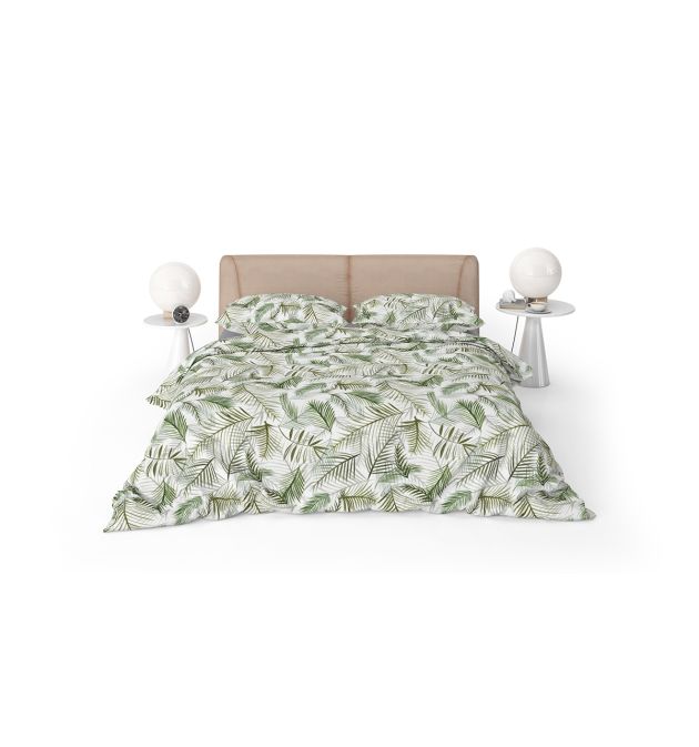 Модерно Спално Бельо в бяло на палмови листа Тропикана, двоен размер с два спални плика, 100% памук ранфорс