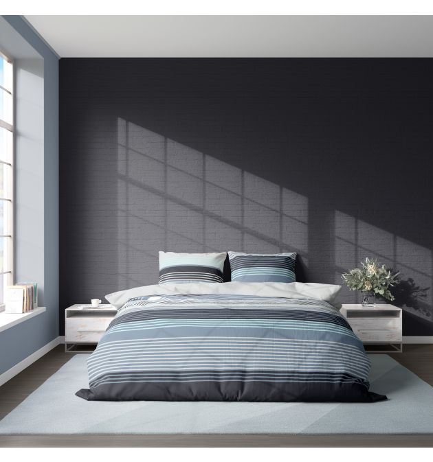 Спално бельо сиво, синьо и черно на райе  БЕЗ долен чаршаф, СКАЙ, 3 части за спалня