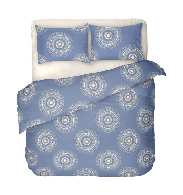 Двоен комплект спално бельо в синьо - КАЗА 2, на кръгли фигури в екрю, високо качество на материята, 100% памук