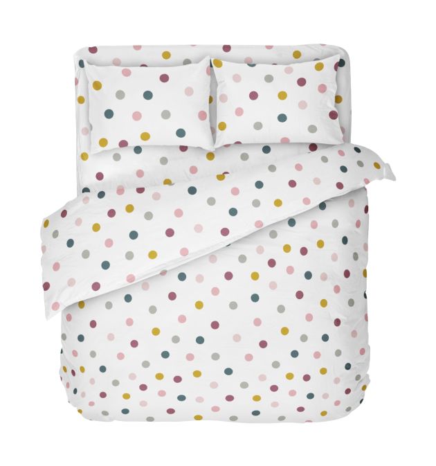 Спално бельо със свеж десен и двоен спален плик, Цветни точки върху бял фон - ДЖОЙ, 100% памук Ранфорс 