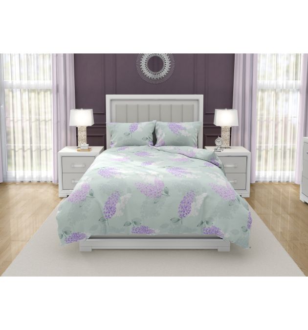 Качествено Спално Бельо зелено и лилаво с люляци БЕЗ долен чаршаф, СИРИНГА, 3 части за спалня