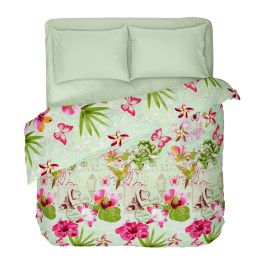 Двоен Размер Спално Бельо в Зелено - Жадор, с Разноцветни Тропически Цветя и Един Спален Плик, мека на допир тъкан от 100% Памук