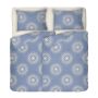 Двоен комплект спално бельо в синьо с два спални плика - КАЗА 2, на кръгли фигури в екрю, високо качество на материята, 100% памук